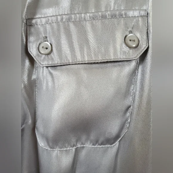 Y2K Notations Metallic Silver Shimmer Button-Front Blouse with Roll-Tab Sleeves - Picture 6 of 15
